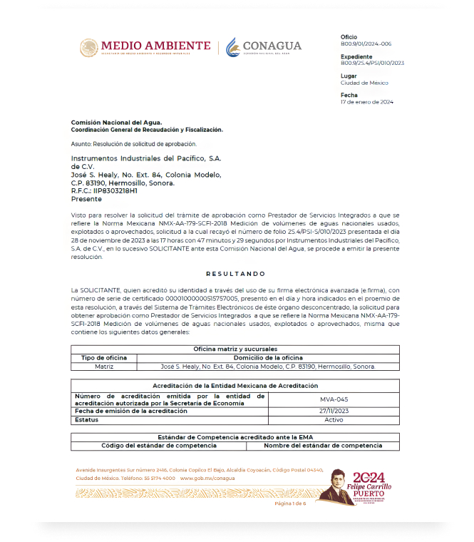 Certificación CONAGUA NMX-AA-179-SCFI-2018 Hermosillo México